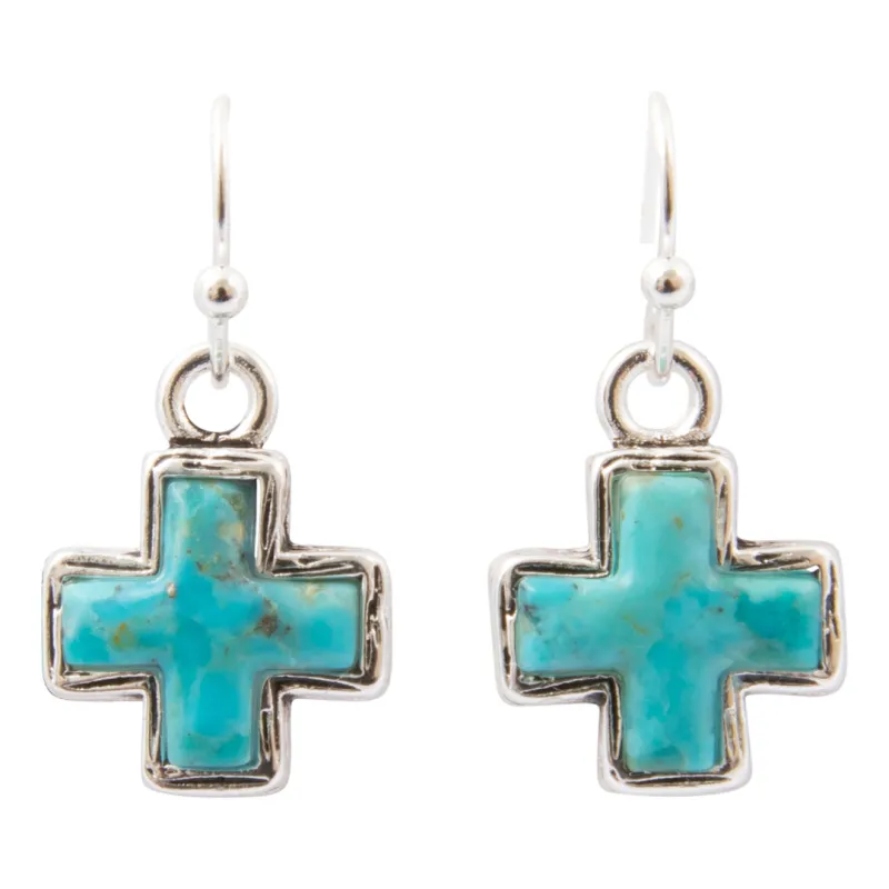 Full of Grace Blue Turquoise and Silver Cross Drop Earrings made by Barse