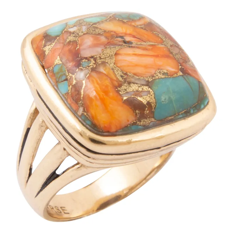 Mesa Glow Blue Turquoise Orange Spiny Oyster Matrix Golden Statement Ring made by Barse