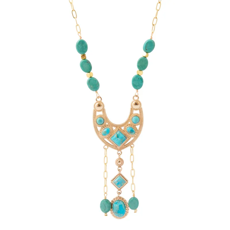 Blue Turquoise Cascade Long Golden Chain Necklace made by Barse