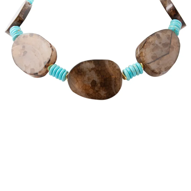 Desert Horizon Blue Turquoise and Brown Agate Golden Statement Necklace made by Barse