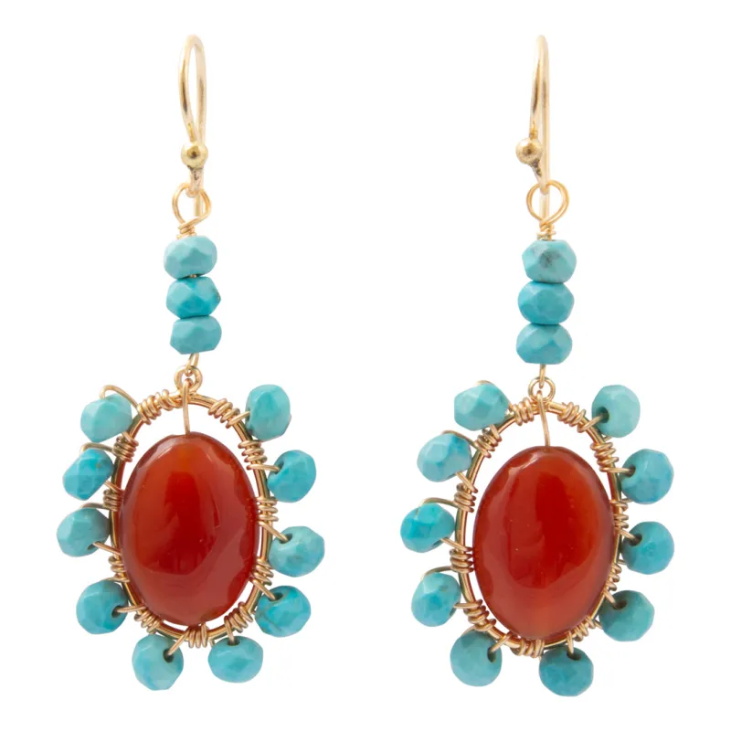 Canyon Flame Orange Carnelian and Blue Turquoise Golden Drop Earrings made by Barse