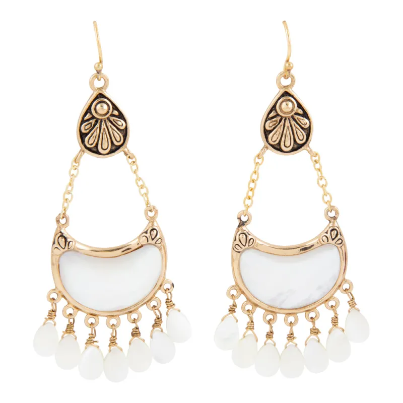 Flamenco White Mother of Pearl Golden Drop Earrings made by Barse