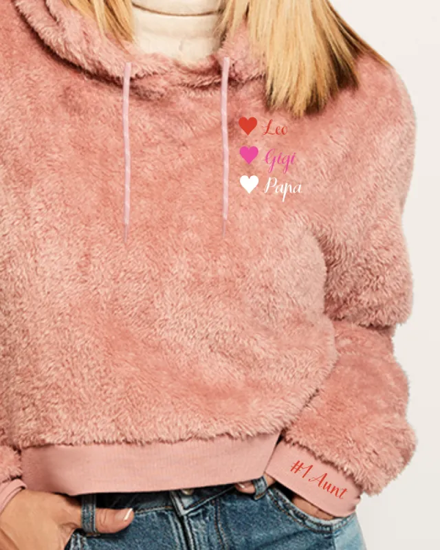 Custom Embroidered Cropped Sherpa Hoodie with Names made by Jill Martin
