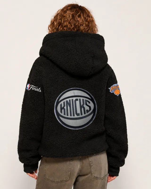 New York Knicks 2026 NBA Finals Remix Logo Cropped Sherpa Lounger Jacket - Black made by Jill Martin