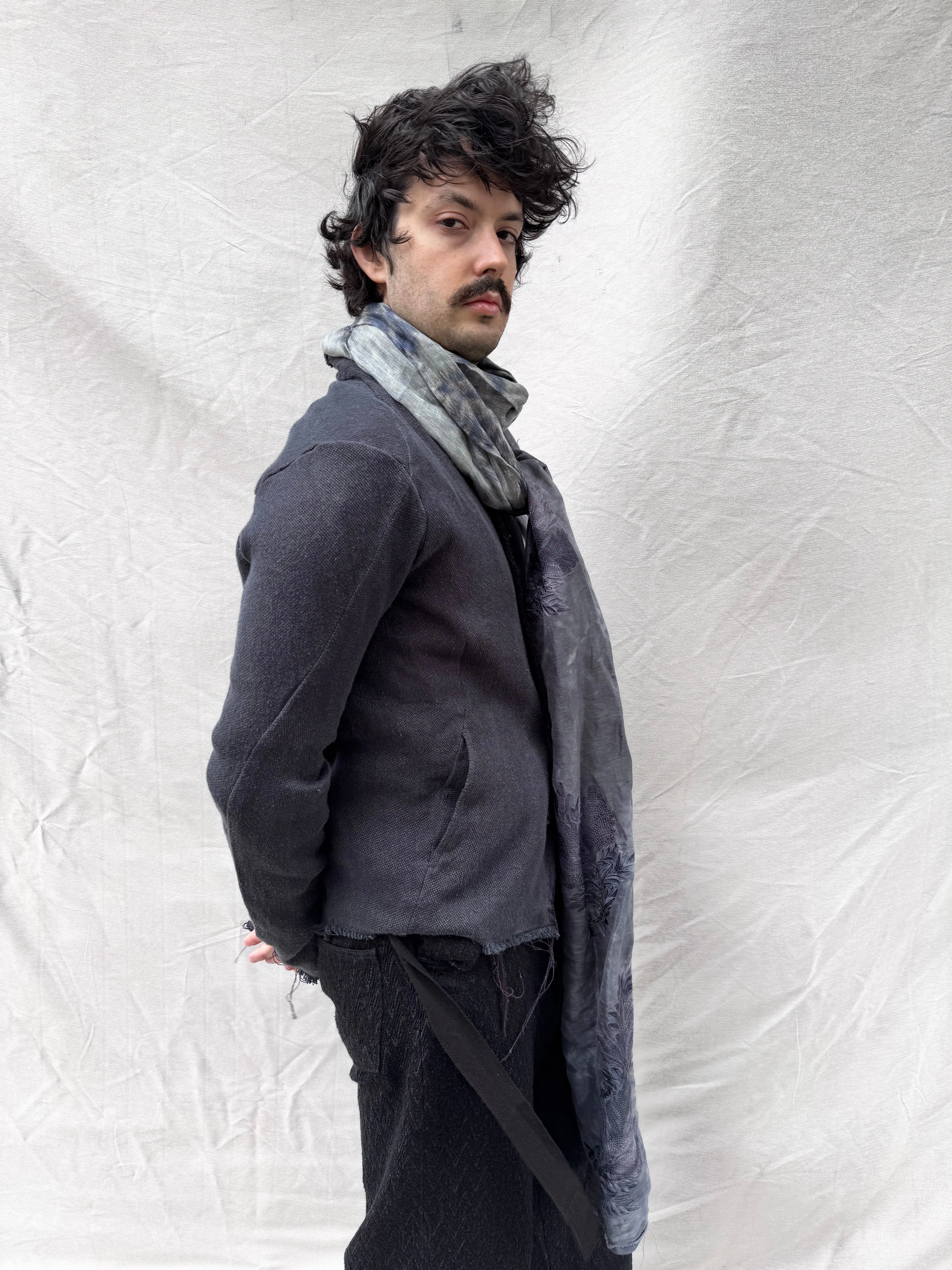 FW25 || FLAT FELLED EMBROIDERED SCARF || 100% LINEN || GREY sold by zam barrett