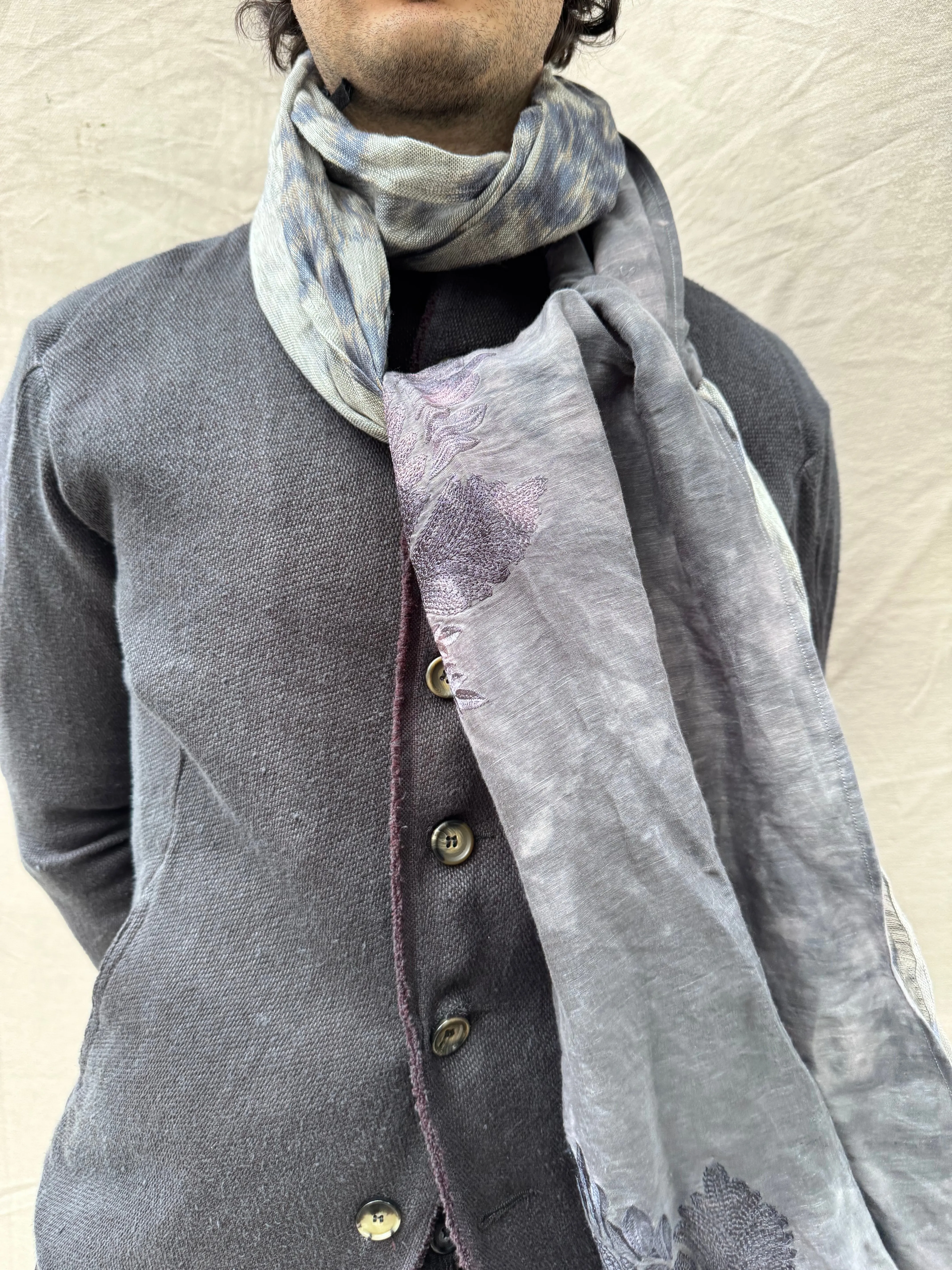 FW25 || FLAT FELLED EMBROIDERED SCARF || 100% LINEN || GREY sold by zam barrett product image thumbnail 3