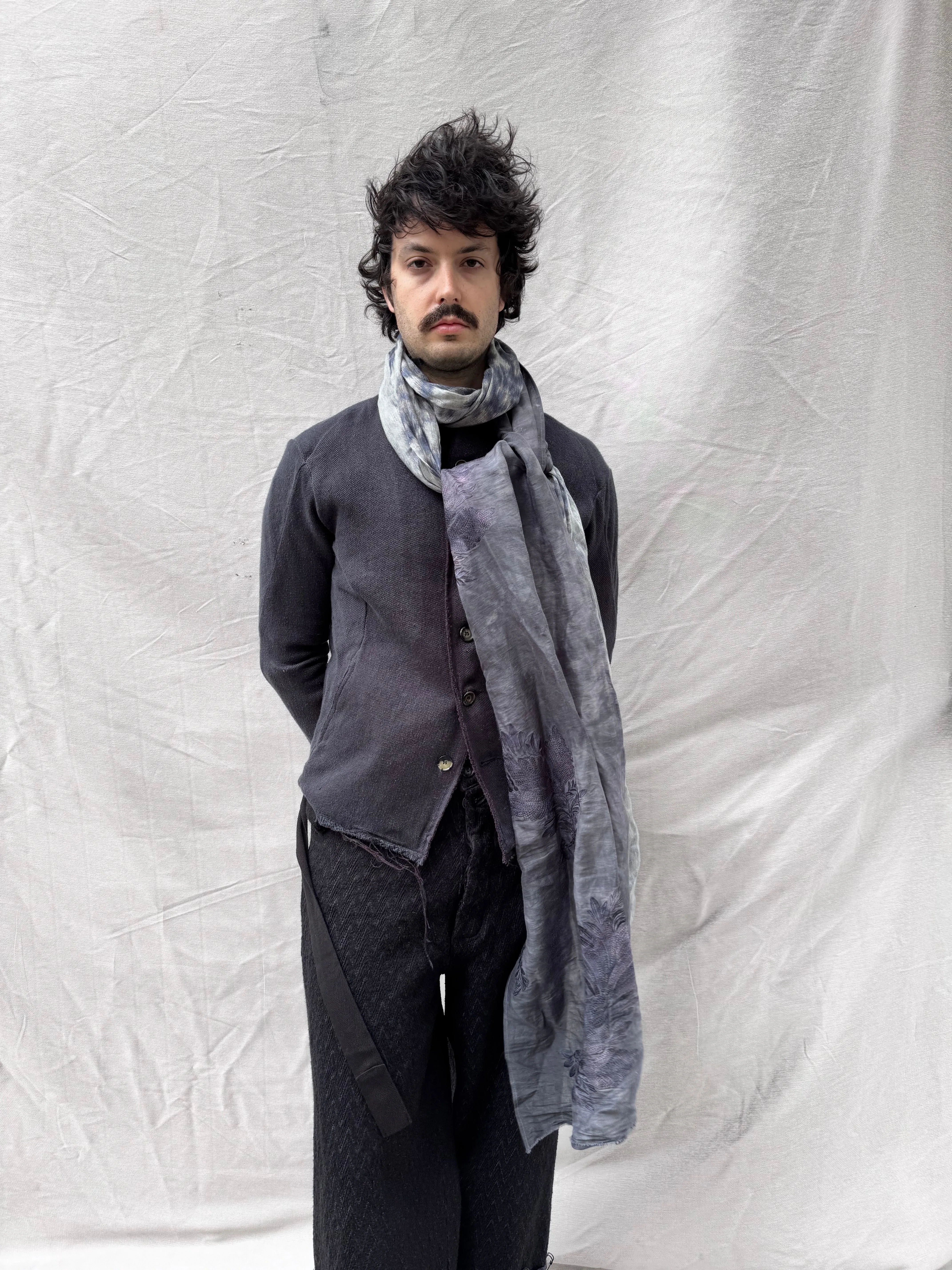 FW25 || FLAT FELLED EMBROIDERED SCARF || 100% LINEN || GREY sold by zam barrett product image thumbnail 2