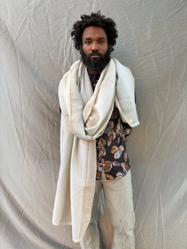 FW25 || LARGE DOUBLE WIDTH SCARF || ECRU STRIPE || WOOL + LINEN sold by zam barrett