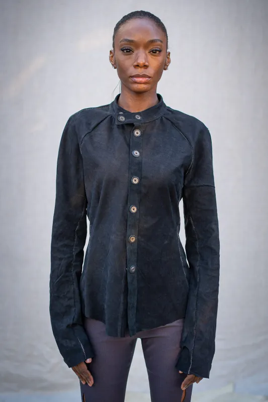 FW24 || OVERLOCKED LEATHER RAGLAN FRONT TOP || BLACK sold by zam barrett