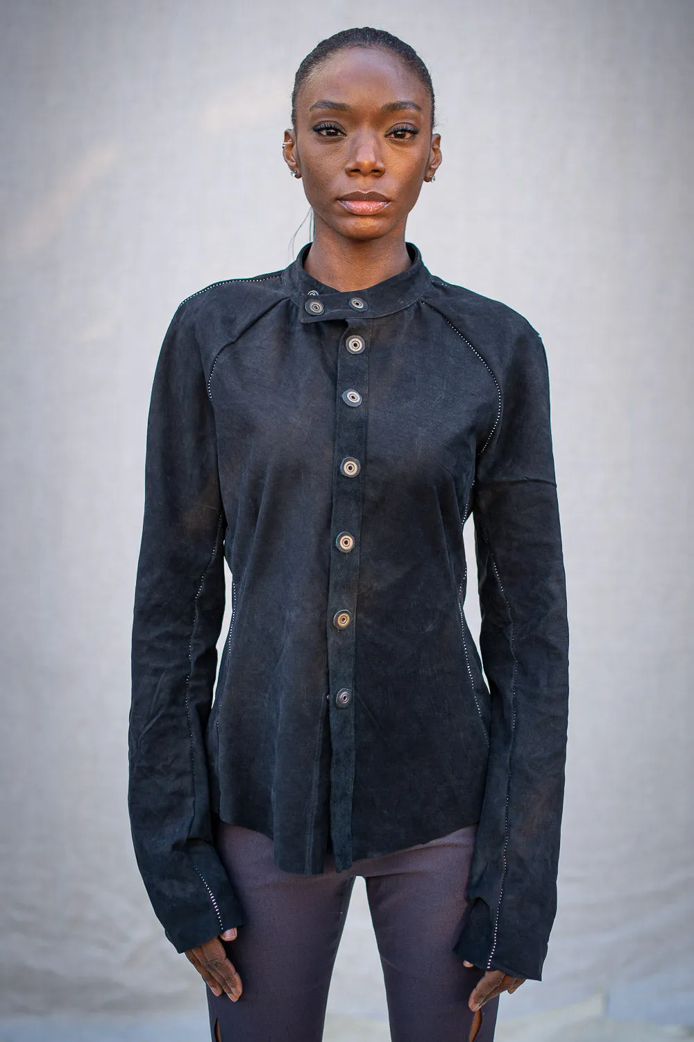 FW24 || OVERLOCKED LEATHER RAGLAN FRONT TOP || BLACK sold by zam barrett