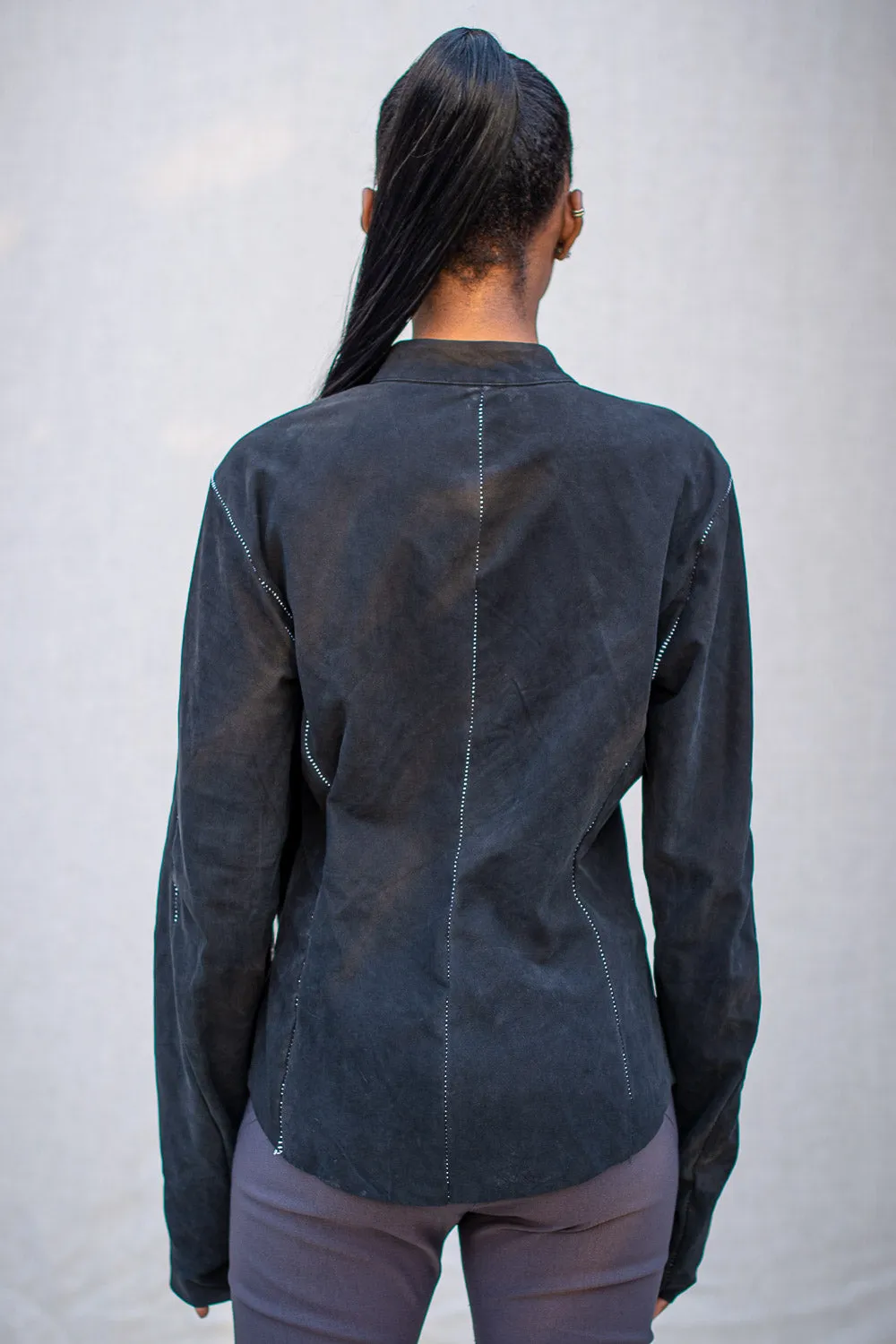 FW24 || OVERLOCKED LEATHER RAGLAN FRONT TOP || BLACK sold by zam barrett product image thumbnail 3