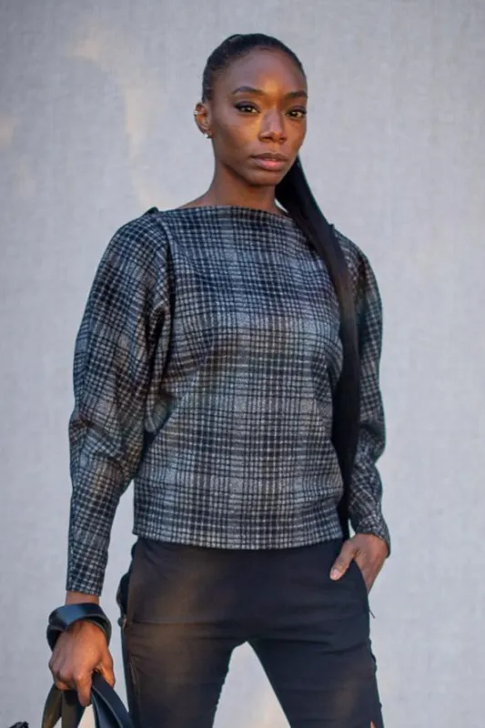 FW24 || BAT WING KNIT TOP || GREY + BLACK PLAID made by zam barrett