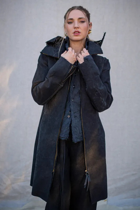 FW24 || ZIP-OFF HOOD UNLINED LEATHER COAT || BONDED BLACK LEATHER sold by zam barrett