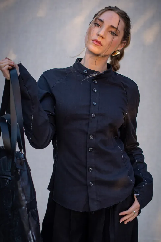 FW24 || OVERLOCKED RAGLAN FRONT TOP || BLACK STRETCH LINEN sold by zam barrett