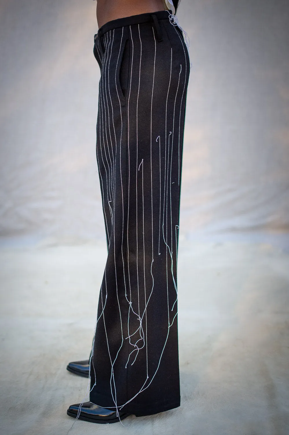 FW24 || BROKEN PINSTRIPE GODDE PANTS || BLACK sold by zam barrett product image thumbnail 2