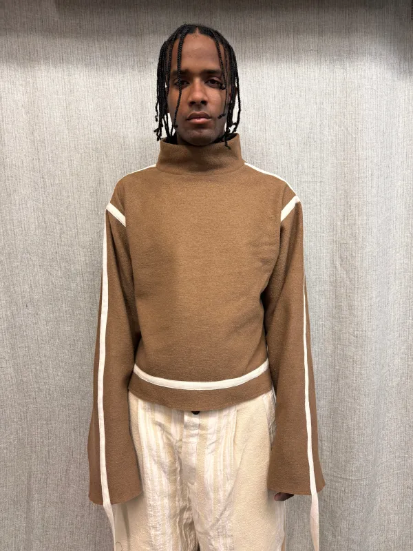 FW24 || PIPED SEAM HIGH NECK TOP || TAN WOOL sold by zam barrett