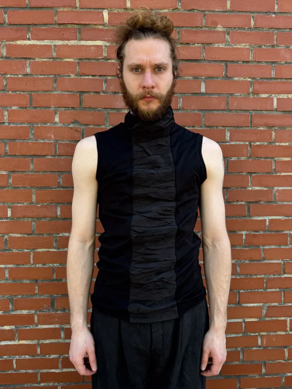 SS24 || HIGH NECK RUCHED FRONT SLEEVELESS TEE || BLACK sold by zam barrett