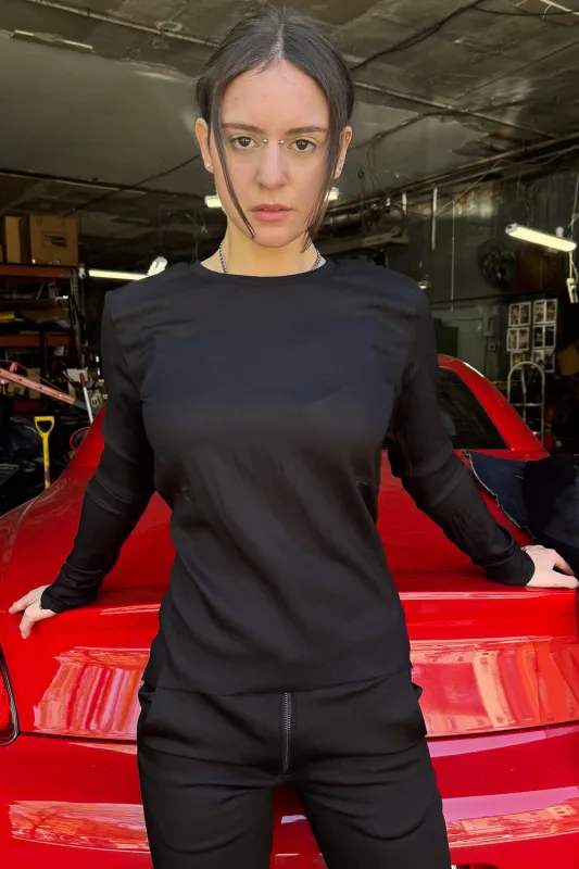 SS24 || RUCHED SPINE LONG SLEEVE TOP || BLACK sold by zam barrett