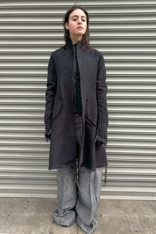 SS24 || PEAK LAPEL HEARTENED A-LINE COAT || BLACK sold by zam barrett