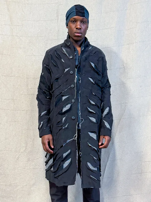 SS24 || SLASHED SILK PROTOLOGICAL ARCHETYPE COAT || BLACK sold by zam barrett