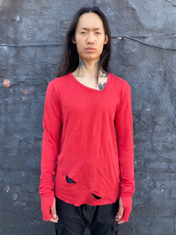 ZBT FW || ASSYMETRIC V-NECK OPEN LS TOP || RED sold by zam barrett