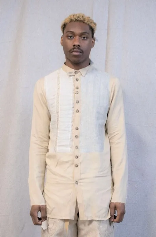 SS23 || FAULTED SHOULDER RUCHED BIB FRONT SHIRT || BEIGE sold by zam barrett
