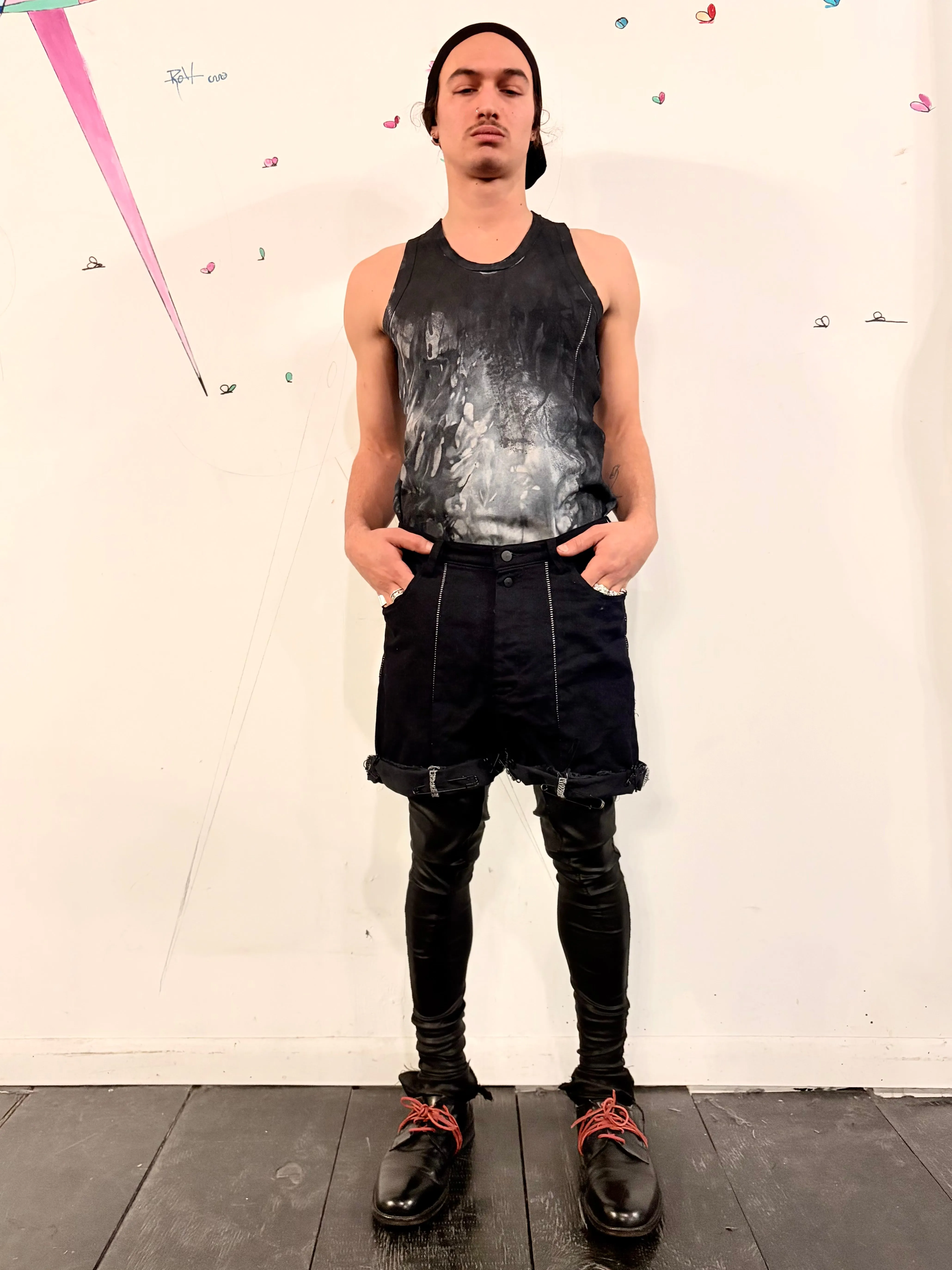 SS26 || OVERLOCKED FRONT SEAM GODDE SHORTS || OVERDYED BLACK DENIM sold by zam barrett product image thumbnail 5