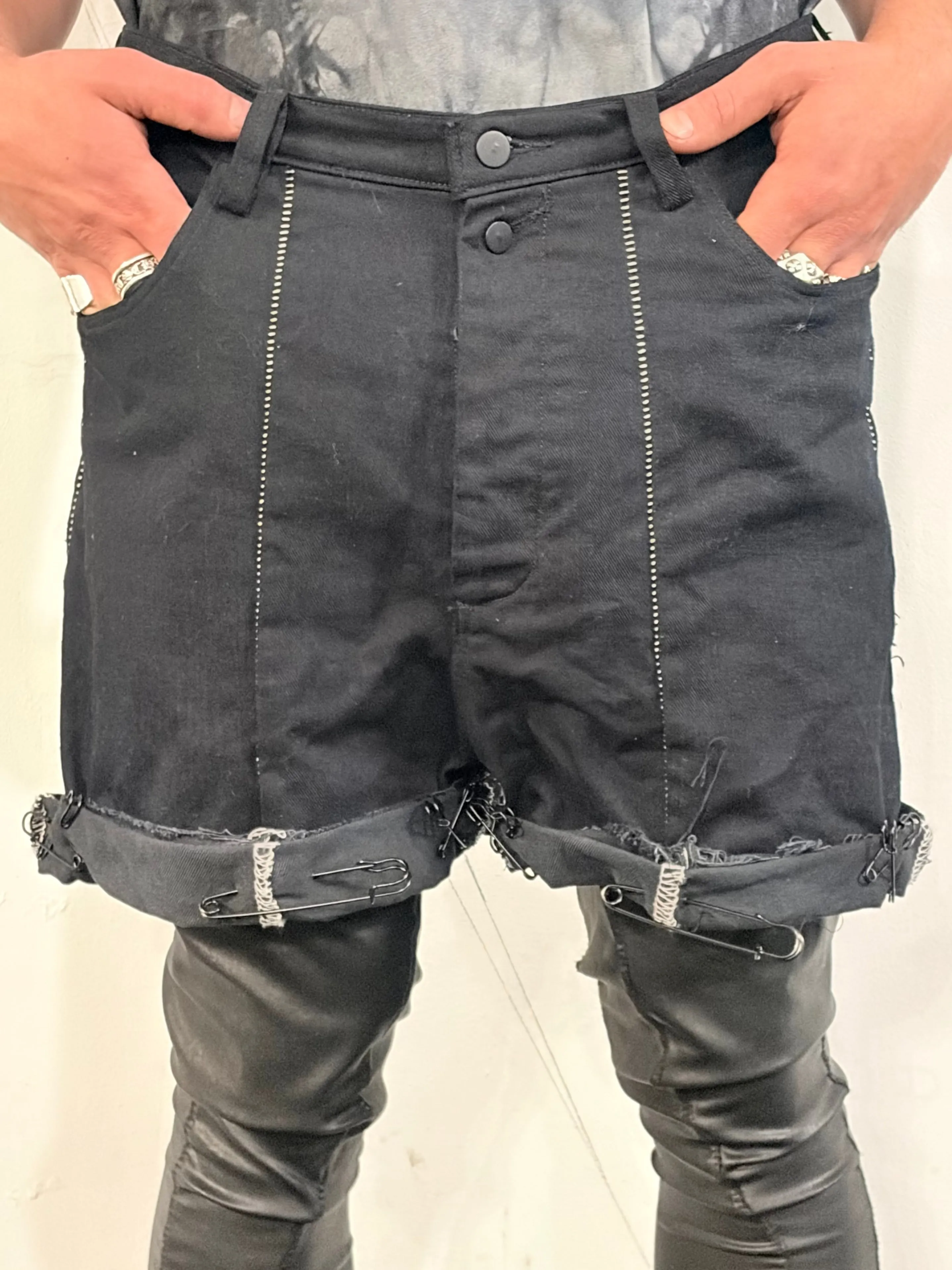 SS26 || OVERLOCKED FRONT SEAM GODDE SHORTS || OVERDYED BLACK DENIM sold by zam barrett product image thumbnail 3