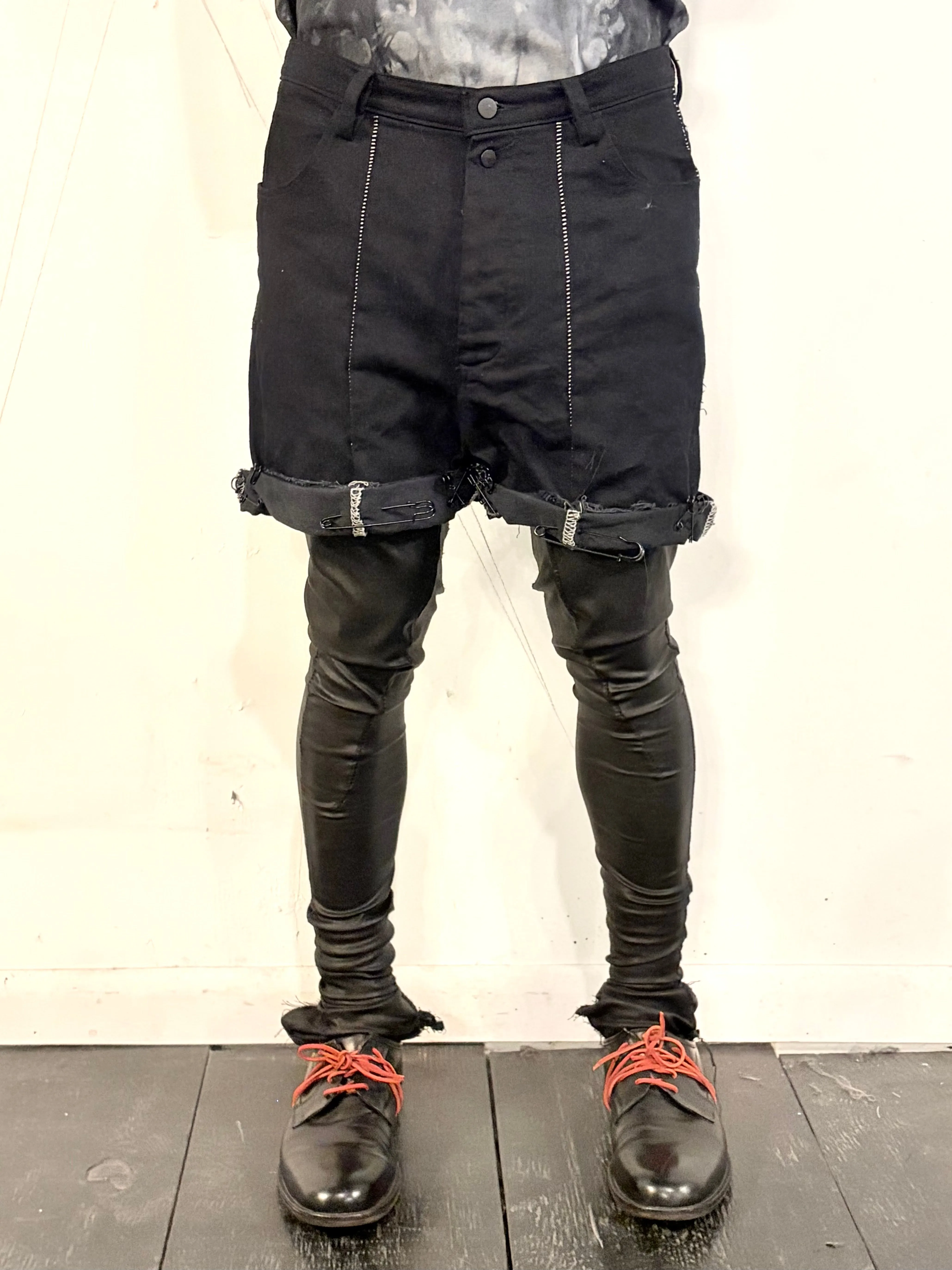 SS26 || OVERLOCKED FRONT SEAM GODDE SHORTS || OVERDYED BLACK DENIM sold by zam barrett