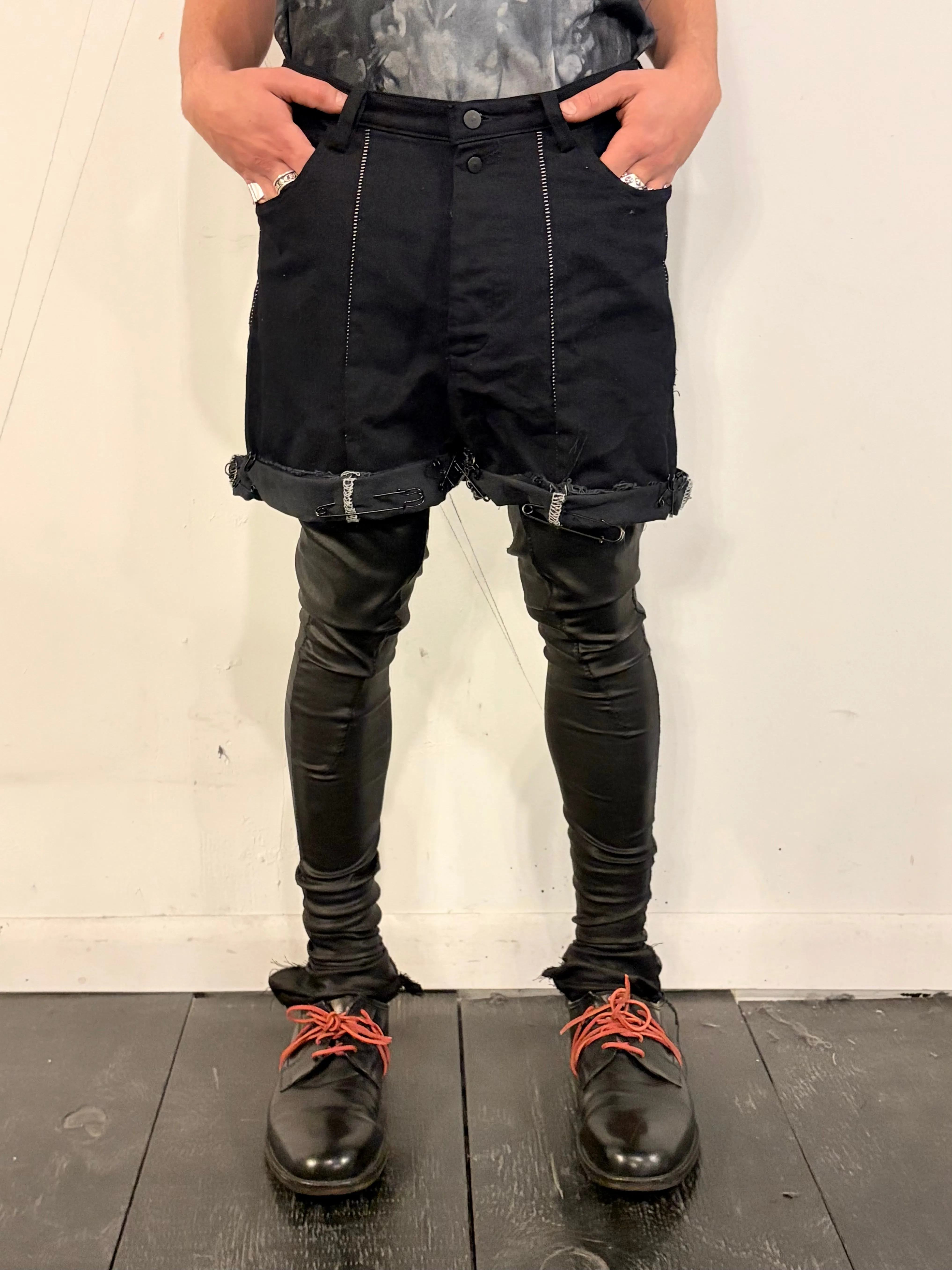 SS26 || OVERLOCKED FRONT SEAM GODDE SHORTS || OVERDYED BLACK DENIM sold by zam barrett product image thumbnail 2