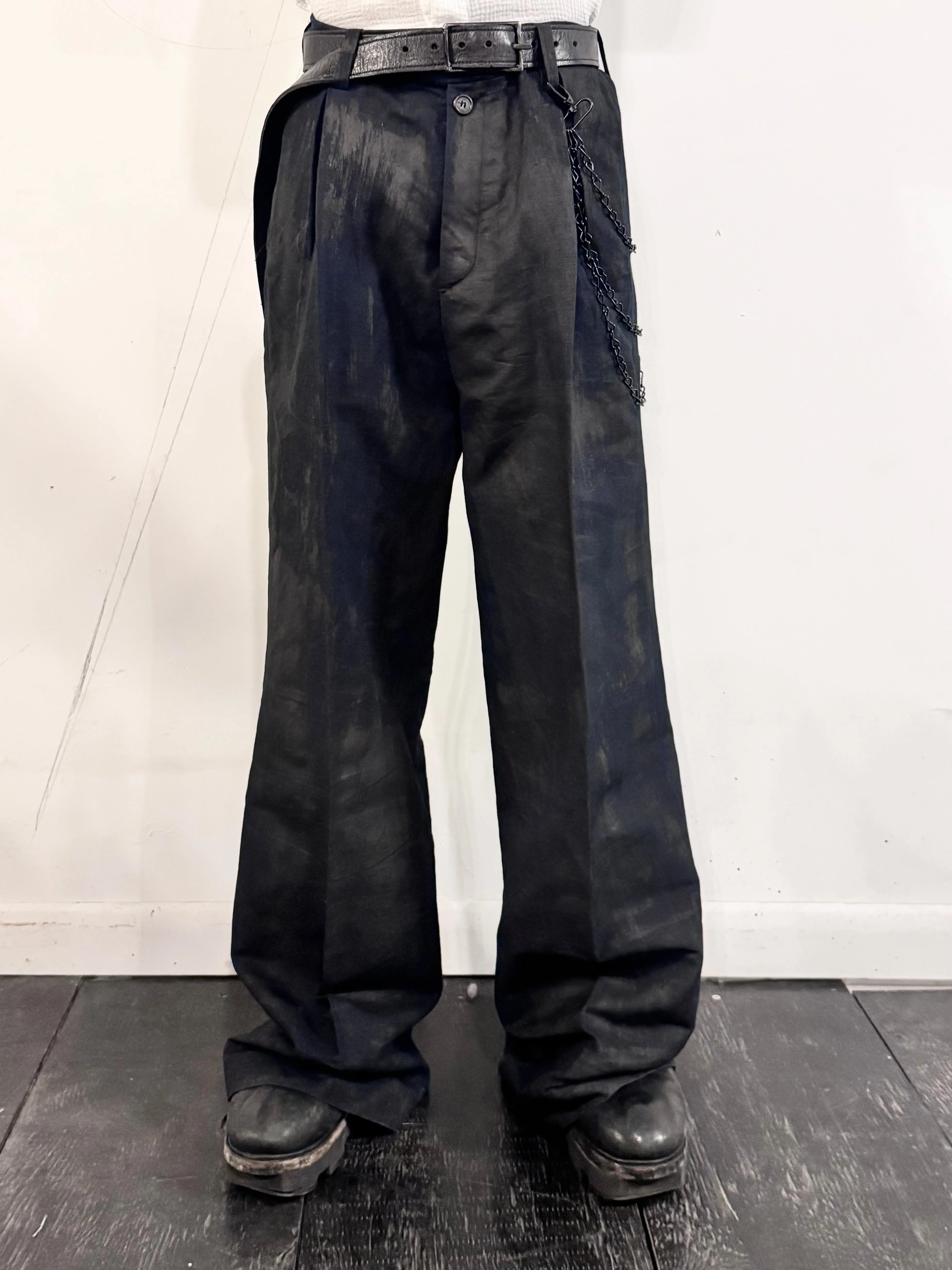 SS26 || PLEATED GODDE PANTS || VOLCANIC COATED COTTON LINEN sold by zam barrett
