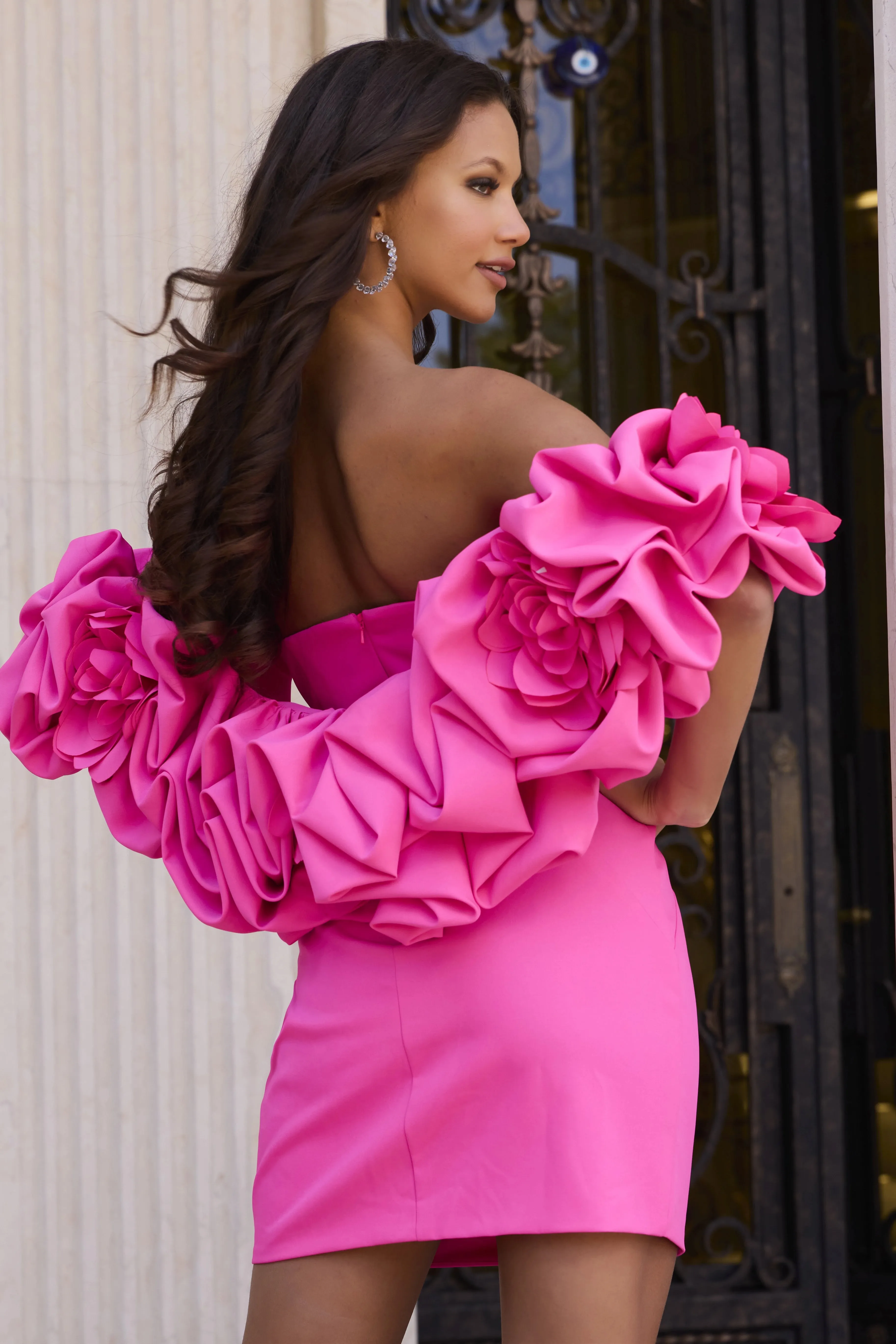 Jovani 45652 Fuchsia Strapless Homecoming Dress With Flower Wrap sold by The Gown Galleria product image thumbnail 2