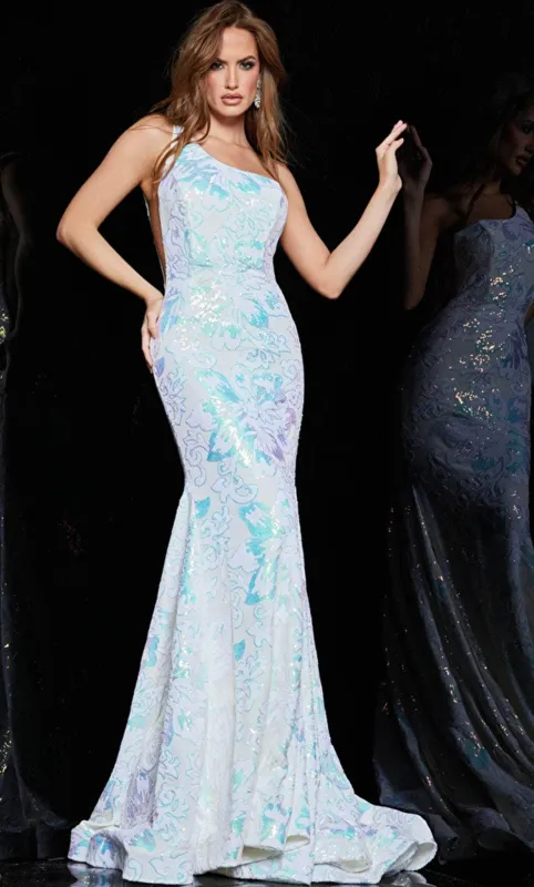 Jovani 32580 Sequined Asymmetric Mermaid Gown sold by The Gown Galleria