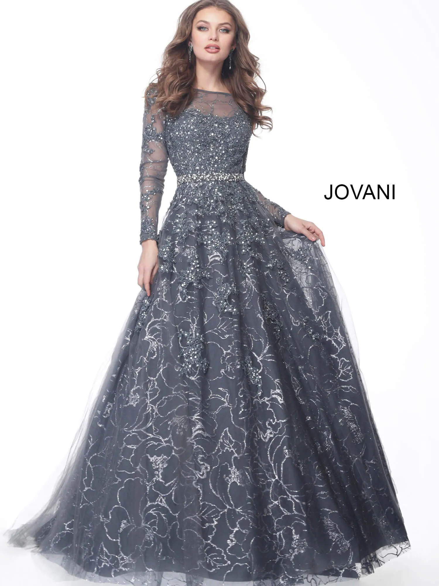 Jovani 51838 Embroidered Long Sleeve Bateau Ballgown sold by The Gown Galleria
