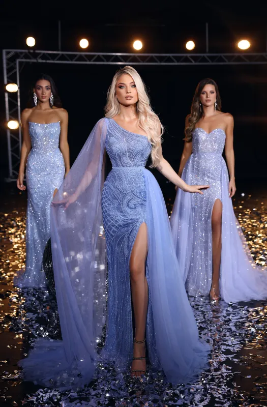 PORTIA & SCARLETT PS23960 Captivating Blue Beaded Rhinestone Evening Dress with Single Sleeve sold by The Gown Galleria