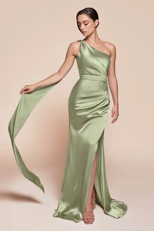 CINDERELLA DIVINE 7454 One Shoulder Luxe Satin Fitted Gown sold by The Gown Galleria