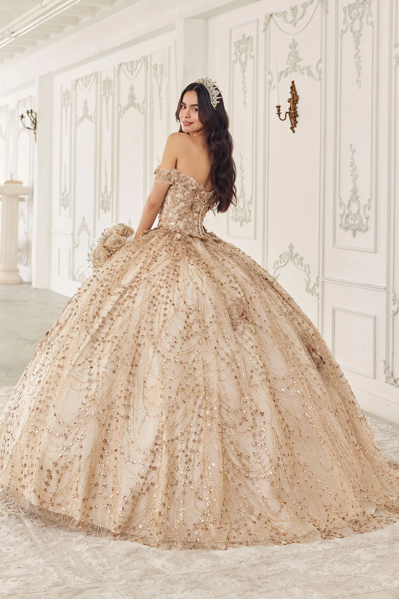 CINDERELLA DIVINE 15712 Off The Shoulder Glitter Floral Print Gold Ball Gown sold by The Gown Galleria product image thumbnail 2
