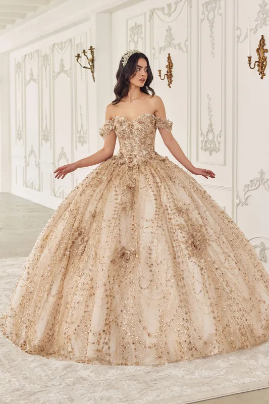 CINDERELLA DIVINE 15712 Off The Shoulder Glitter Floral Print Gold Ball Gown sold by The Gown Galleria