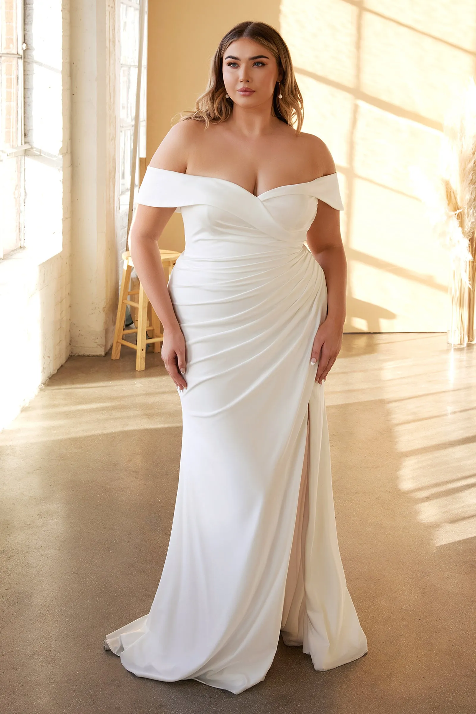 CINDERELLA DIVINE CD930C Plus Size Off-Shoulder Stretch Satin Bridal Gown sold by The Gown Galleria