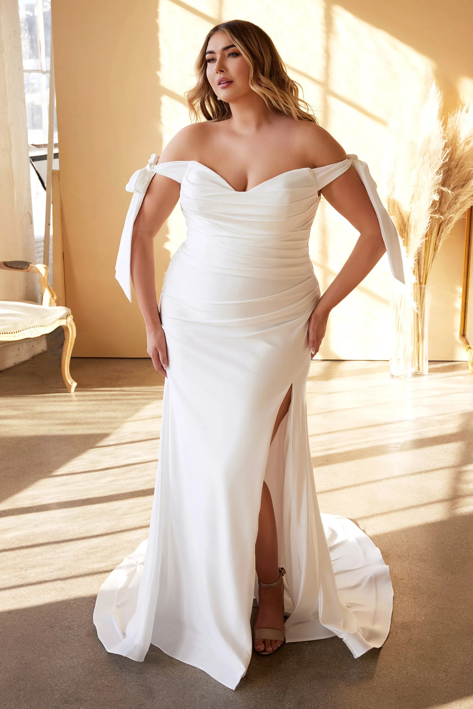 CINDERELLA DIVINE CD944WC Plus Size Tie Sleeve Mermaid Jersey Gown sold by The Gown Galleria
