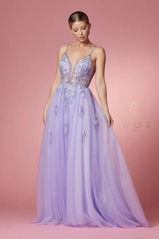 NOX ANABEL T1012 Foral Applique Lace V-Neck Gown sold by The Gown Galleria