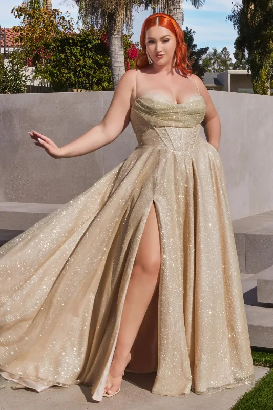 CINDERELLA DIVINE CD252C Plus Size A-Line Glitter Lace-Up Corset Gown sold by The Gown Galleria