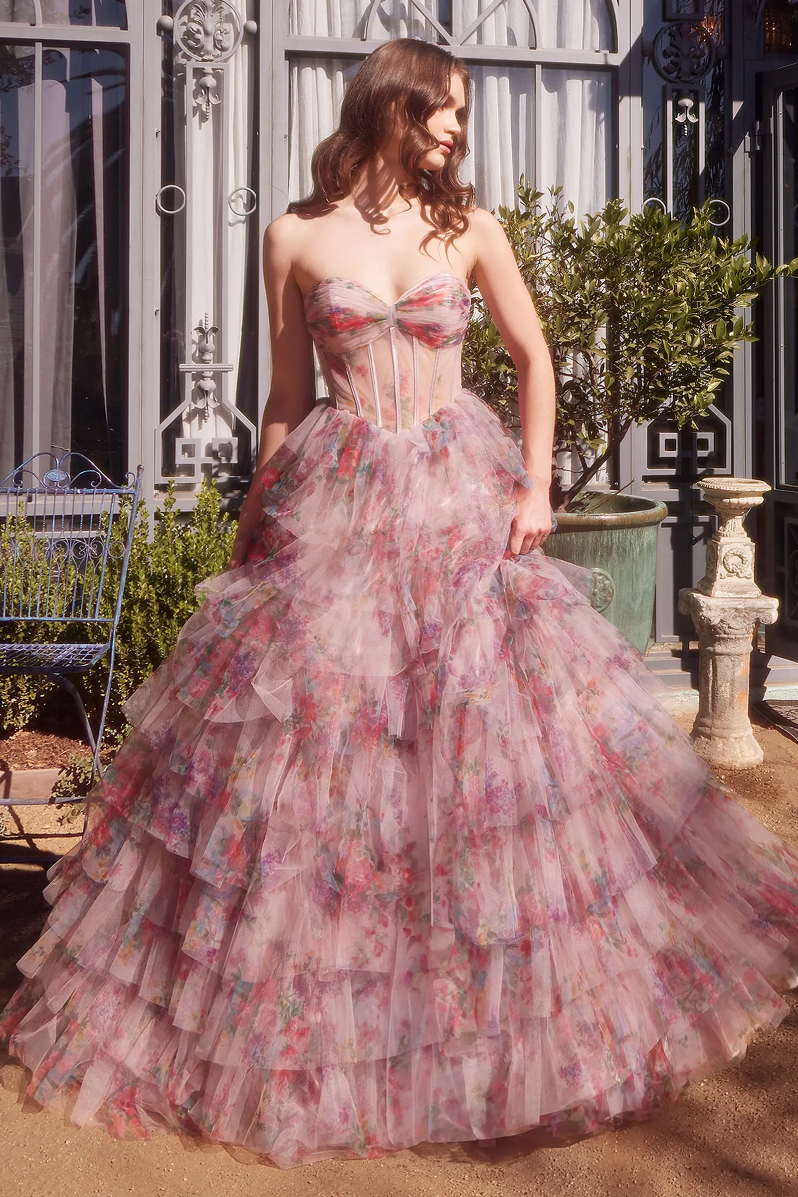 ANDREA & LEO A1463 Print Ruffle Corset Gown sold by The Gown Galleria