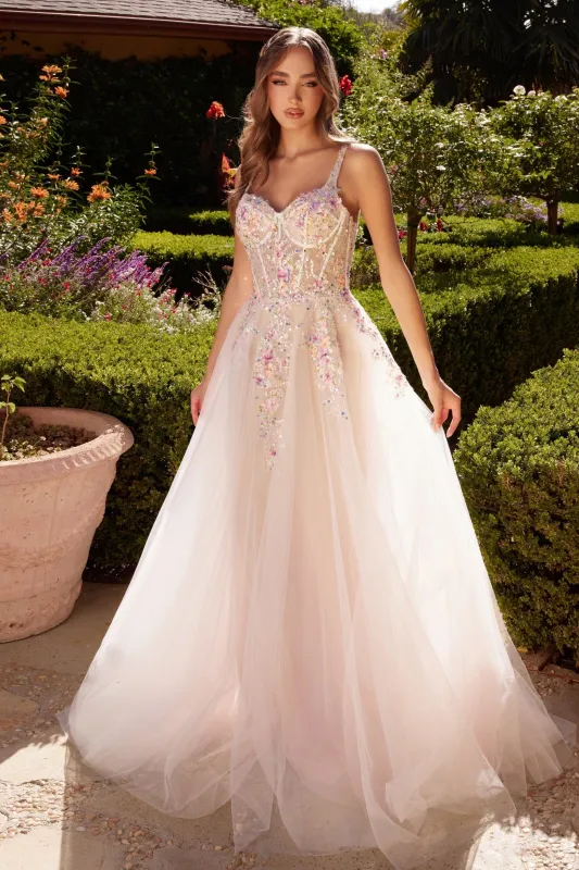 ANDREA & LEO A1288 White A-Line Dress With Multi Colored Floral Embellishment sold by The Gown Galleria