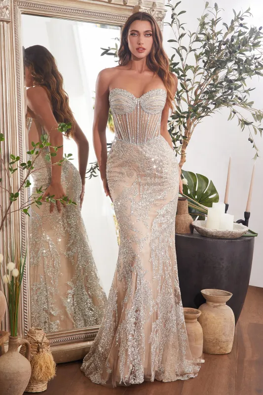 CINDERELLA DIVINE CD847 Beaded Strapless Mermaid Dress with Corset sold by The Gown Galleria