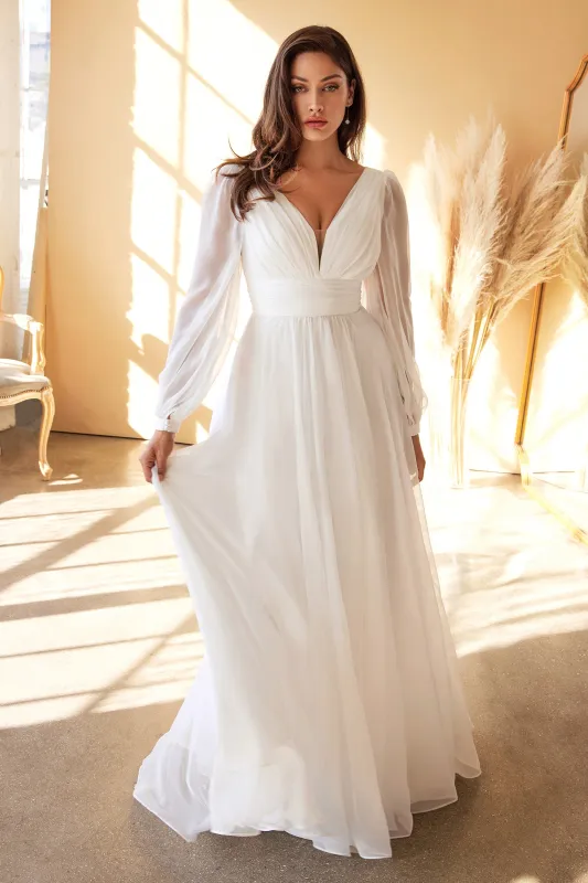 CINDERELLA DIVINE CD0192W Chiffon Long Sleeve A-Line Bridal Gown sold by The Gown Galleria