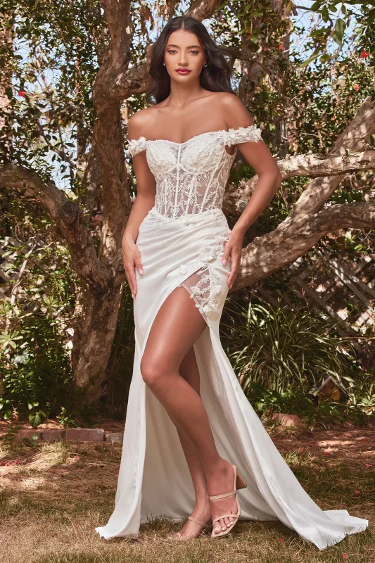 CINDERELLA DIVINE CD0186W Fitted 3D Floral Off-Shoulder Corset Bridal Gown sold by The Gown Galleria