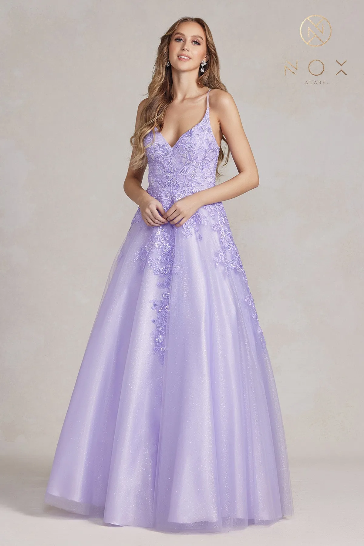 NOX ANABEL E1178 Lace Applique Tulle V-Neck Gown sold by The Gown Galleria