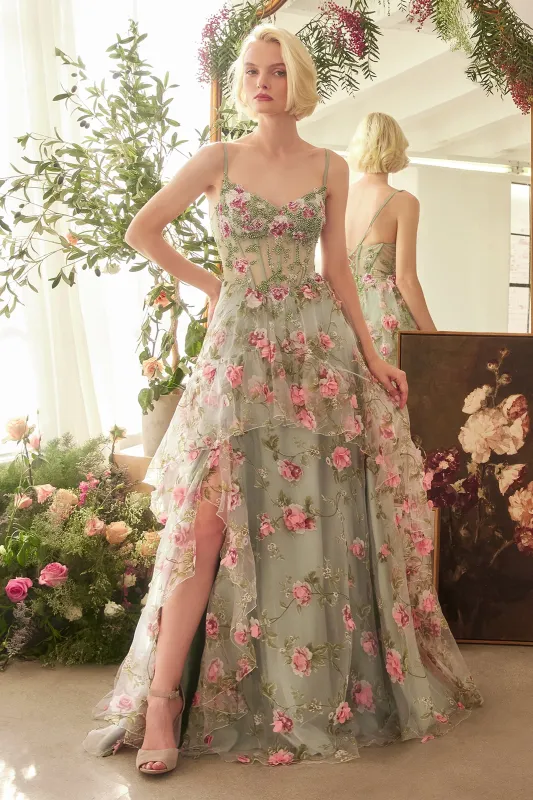 ANDREA & LEO A1420 Sage Floral Print Layered A-Line Dress sold by The Gown Galleria