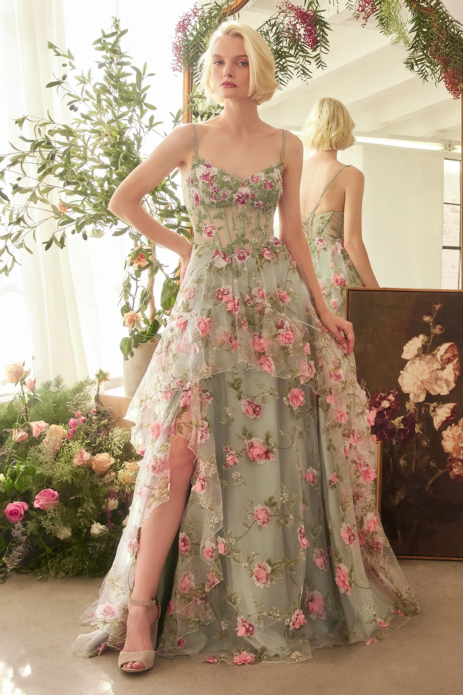 ANDREA & LEO A1420 Sage Floral Print Layered A-Line Dress sold by The Gown Galleria